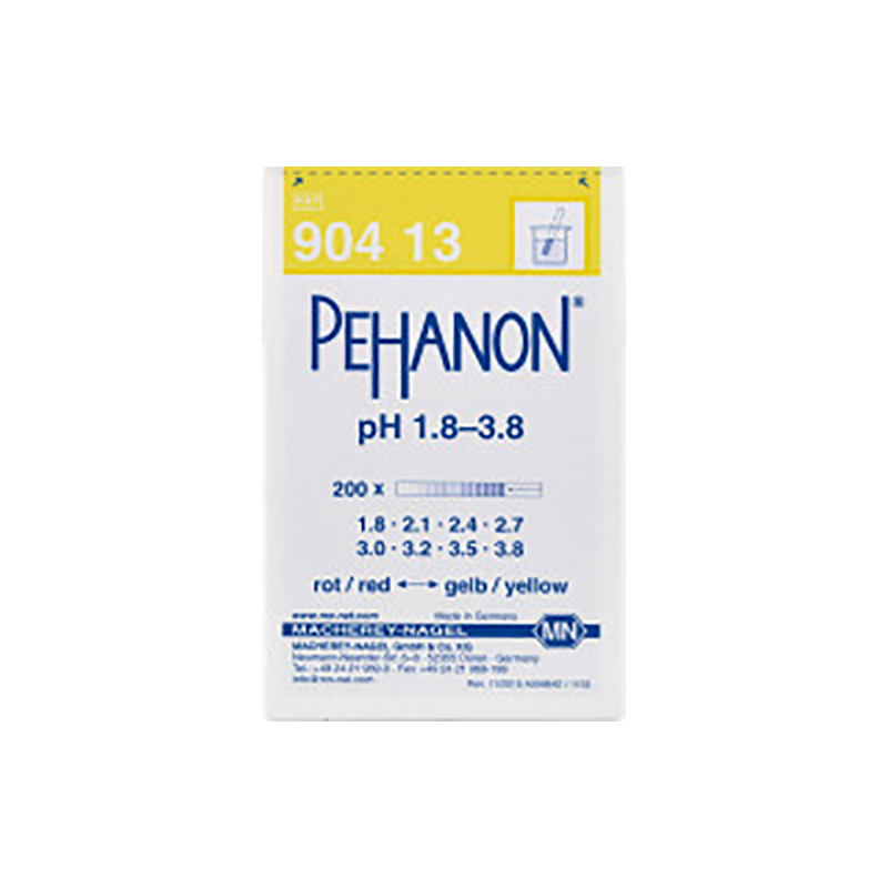 PH1.8-3.8（PEHANON测试条的比色卡和反应块在同一试纸上，任何样品的颜色对两者起着相同作用，所以PEHANON测试条可以用来测有颜色溶液的pH值。）