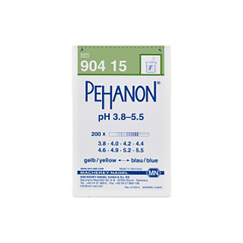 PH3.8-5.5（PEHANON测试条的比色卡和反应块在同一试纸上，任何样品的颜色对两者起着相同作用，所以PEHANON测试条可以用来测有颜色溶液的pH值。）